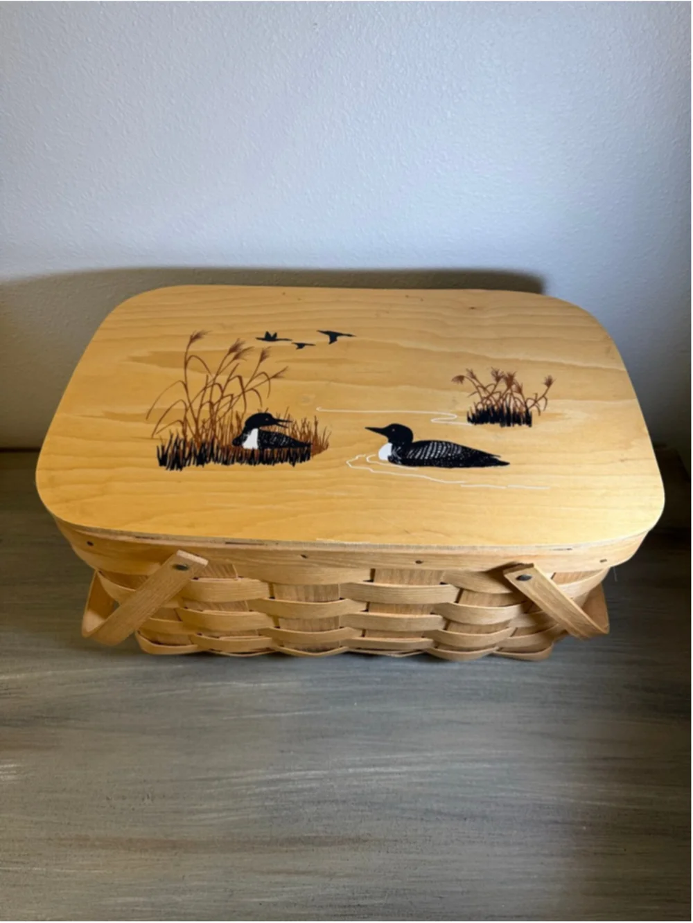 vintage Basketville picnic basket hand-painted loon scene wooden lid cottagecore
